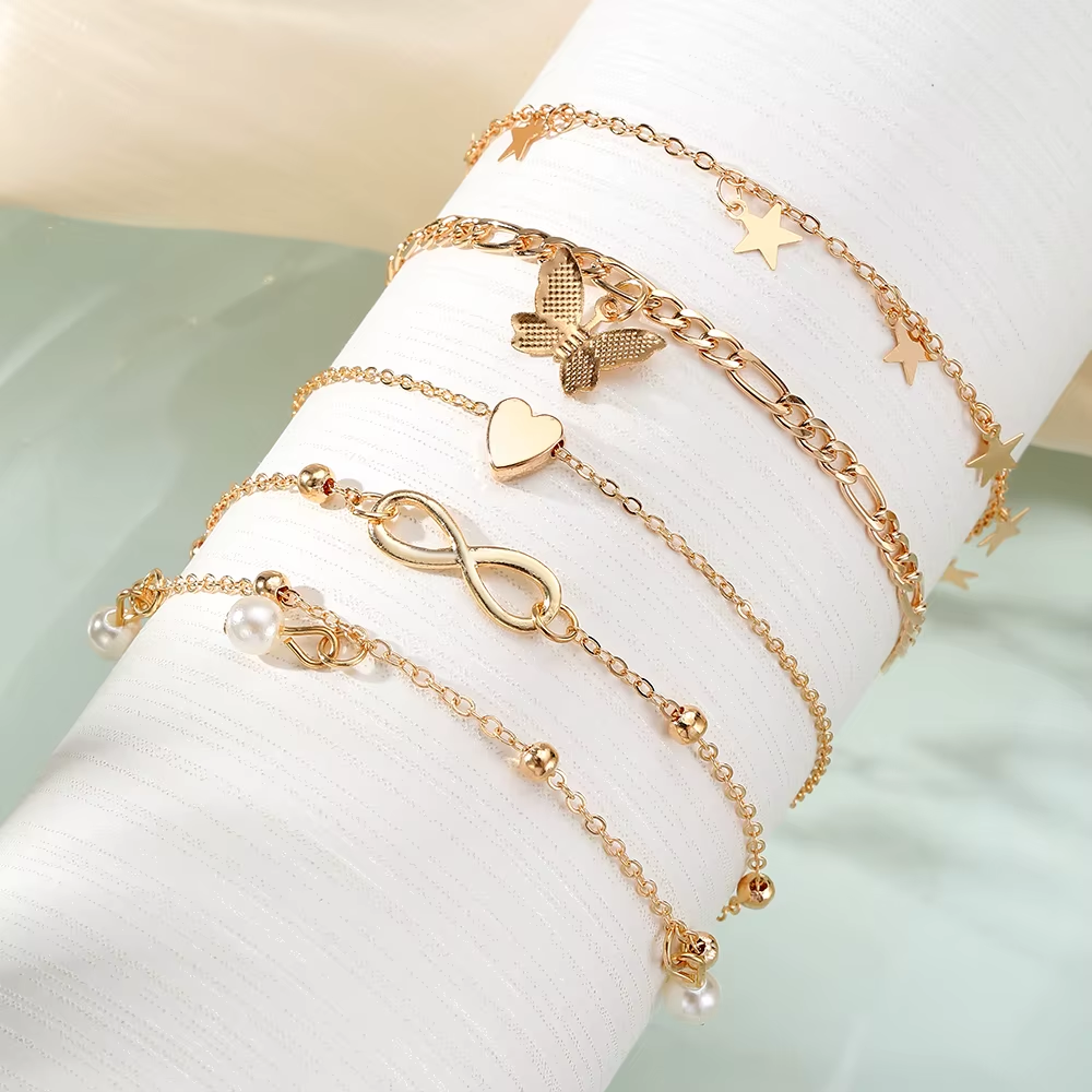 4 Pcs Gold Anklets Set.