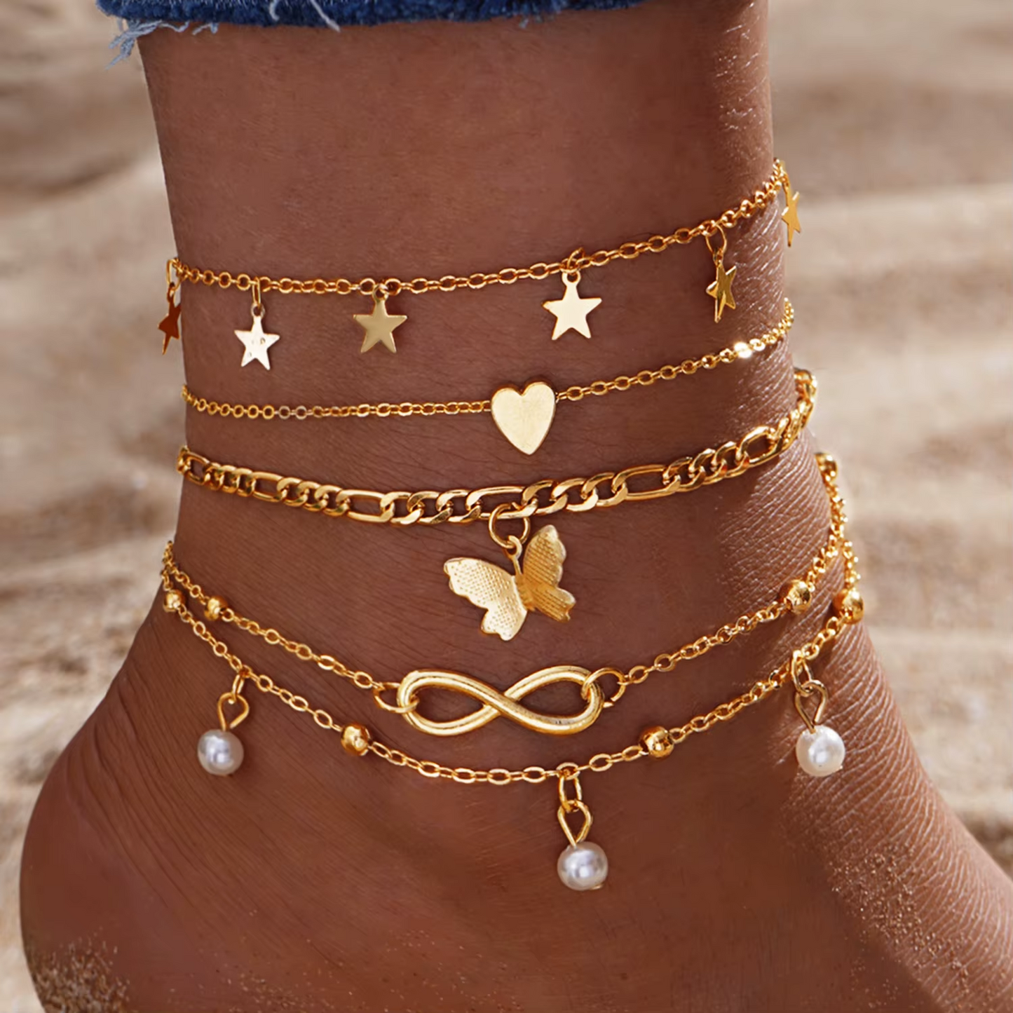 4 Pcs  Gold Anklets Set.